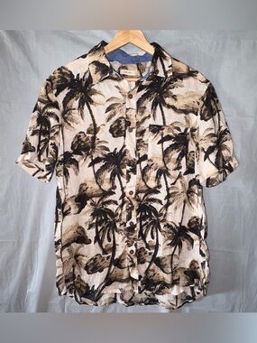 Panama Jack 100% Linen Shirt Mens Med Brown Buttons Camp Collar Beach Palm Tree